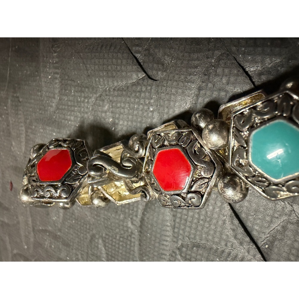 Premier Designs Link Bracelet Enamel Hexagon Silver Stone Engraved Jewelry Gift